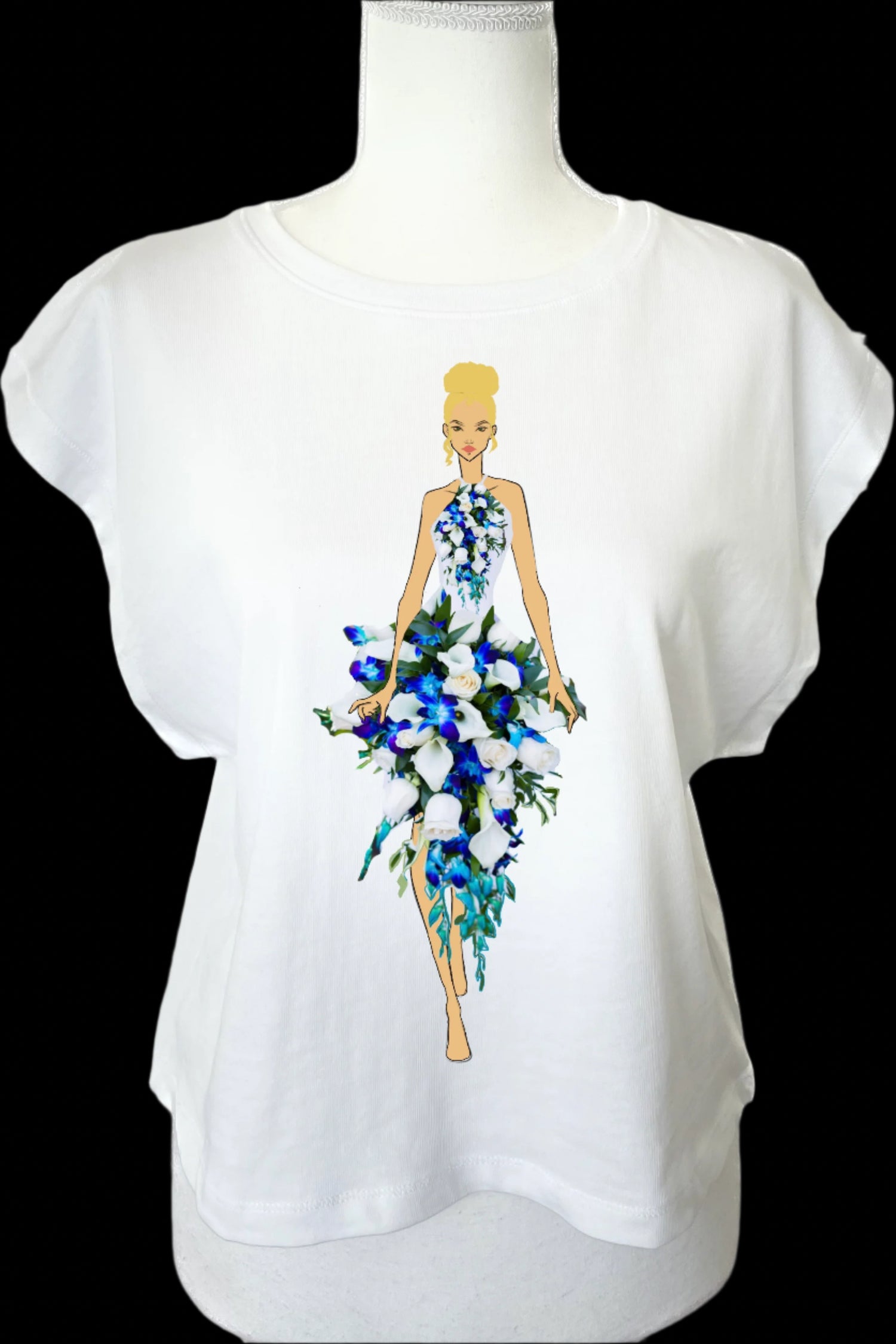 White sleeveless top with a graphic of a woman holding flowers on a mannequin