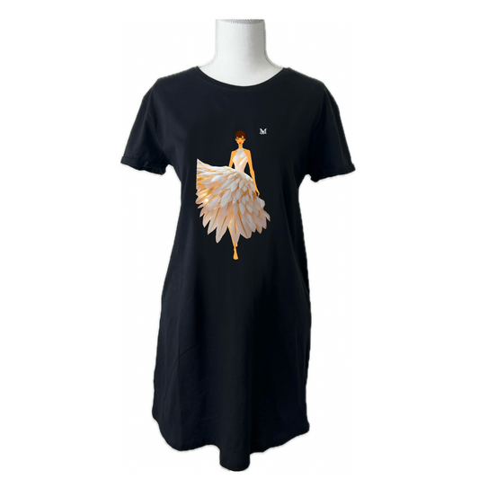 Black t-shirt with a graphic design of a woman in a white dress.