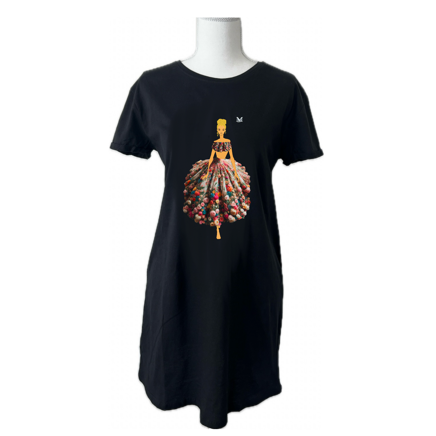 Black t-shirt with a colorful dress graphic on a mannequin