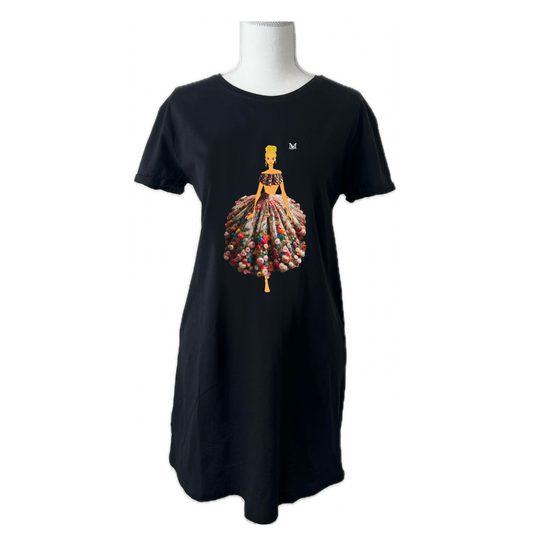 Black t-shirt with a colorful dress graphic on a mannequin